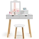 COSTWAY Kinder Schminktisch Set, 2 in 1 Frisiertisch...