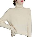 Disimlarl Strickpullover für Damen, 100 % Wolle, hoher Kragen, Kordelzug, hält warm, beige, L