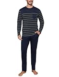 Irdcomps Schlafanzug Herren Pyjama Lang Winter Baumwolle Nachtwäsche Set Männer Langarm Navyblau XL