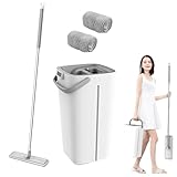Flacher Bodenwischer | Squeeze Mop und Eimer mit Auswringer – 360 Grad drehbarer Kopf Home Reinigungssystem für Küche Wohnung Badezimmer, 2 Mikrofaser-Pads