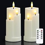 Wroxipel 2er Pack flammenlose Elfenbein LED-Kerzen mit 3 Dochten aus Kunststoff und Fernbedienung, 7,5cm x15cm Batteriebetriebene Kerzen mit flackernder Timerfunktion
