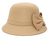 Buywis Damenhut aus Filz, mit Schleife, Fedora, Fischerhut, 1920er-Jahre, Vintage-Stil, Derby-Kirchenhüte, beige, Einheitsgröße