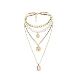 Halskette Herren, Halskette Damen Kette Schmuck Anhänger Geschenk Frauen Herren Necklace Punk Multi Layered Perlenkette Kragen Aussage Jungfrau Maria Münze Kristall Anhänger Halskette Frauen Schmuck