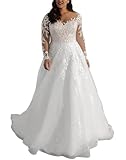 JAEDEN Damen Brautkleider Grosse Grössen Lang A-Linie Spitze Hochzeitskleider mit Ärmel Prinzessin Trauung Kleid Standesamtliche Brautkleid Weiß 48