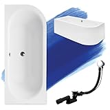 BADLAND Original Badewanne 170x75 cm Links Acryl KOMPLET KOMPLETTSET SET Schürze Siphon Wanne Eckwanne Ecke Eckbadewanne Weiß Design Modern Ablaufgarnitur in Chrom für 2 Personen Made in EU 4in1