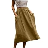 Rock Damen Midi Baumwolle Leinen Midirock Sommerrock Leicht und Luftig Freizeitrock mit Taschen Einfarbige Röcke für Frauen Casual Damenrock Khaki S
