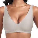 Jiuday Tiefer V Push Up BH ohne Bügel for Damen Bequemer BH für Große Brüste Starker Halt Seamless Soft Bra Bügelloser Gepolstert Nahtloser Glatter Bralette (Hellgrau,S)