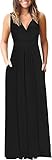 AUSELILY Maxikleid Damen Sommer Ärmellos Kleid Lang Elegant tiefem V-Ausschnitt Abendkleid mit Taschen Schwarz M
