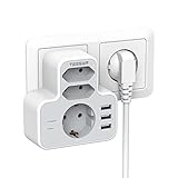 Doppelstecker für Steckdose, TESSAN Mehrfachstecker für Steckdose, 6 in 1 Steckdosenadapter, Dreifachsteckdose mit Überspannungsschutz, Verteilersteckdose mit USB Kompatibel für Küche,Büro,Reisen