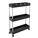 Zosenyer Rollwagen, 3 Ebenen Regal Küchenrollwagen, Bastelwagen auf Rollen für Küche, Büro, Bad, Kosmetikwagen, Badregal Schmal 13 cm, mit 6 Haken Kleiner Nischenwagen (Schwarz)