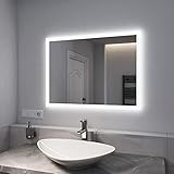 EMKE LED Badezimmerspiegel 80 x 60 cm, Spiegel mit Badezimmerbeleuchtung, mit Druckknopfschalter, 2 Lichter, an der Wand montierter, intelligenter Badezimmerspiegel mit Antibeschlag