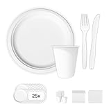 Linario® Einweggeschirr Set aus Zuckerrohr und Maisstärke - je 25 Gabeln, Messer, Teller und Becher