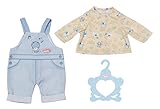 Zapf Creation 706763 Baby Annabell Outfit Hose 43cm - 2 teiliges Puppenoutfit bestehend aus blau weiß gestreifter Latzhose, gelben Langarmshirt mit Allover-Print und Kleiderbügel