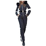 Damen Schneeanzug, Einteiliger Skioverall Winter Warme Schnee Skifahren Sätze Outdoor Jumpsuit Langer Overall mit Kapuze Reißverschluss Skianzüge wasserdicht (Schwarz, M)