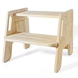 Guiwuiyu Tritthocker Kinder 2 Stufen, rutschfest tritthocker Holz mit Griff, Stufenhöhe verstellbar, 150KG Tragkraft, Stabiler Kinder fußbank für Badezimmer, Küche, Kinderzimmer, Schlafzimmer