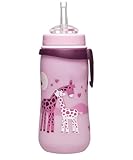 NIP Strohhalmbecher Straw Cup ab 1 Jahr, auslaufsichere Kindertrinkflasche mit Clip, Sauger und Trinkhalm einfach zu reinigen, leicht und unzerbrechlich, Tiermotiv Giraffe, Rosa