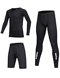 BUYKUD 3tlg Kinder Sportunterwäsche Fußball-Trainingsanzüge Funktionsunterwäsche Sportshorts Kompressionsshirt Kompressionshose Set, Reflektierend/Schwarz, 28