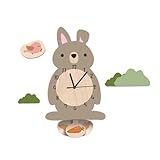 CLISPEED Moderne Wanduhr mit Niedliches Kaninchen Design Leise Cartoon Wanddekoration für Kinderzimmer Wohnzimmer Büro