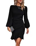 VHUQGVU Damen Vintage Aushöhlen Rundhals Abgefackelt Plissee Cocktailkleid Puffärmel Einfarbige Abendkleider,Schwarz,L