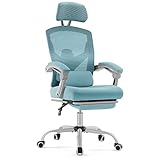 JHK Ergonomischer Bürostuhl mit hoher Rückenlehne und verstellbarer Kopfstütze, Netzstoff, Computerstuhl mit einziehbarer Fußstütze und Lendenwirbelstütze, Blau