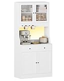 Küchenschrank mit Arbeitsfläche, Buffetschrank mit Schublade, Sideboard mit LED, Steckdose, Glasschranktür, Verstellbare Ablagen, Küche, Wohnzimmer, Esszimmer, Weiß