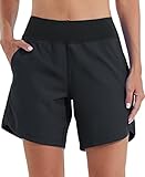 WILLIT Damen 7' Badeshorts Schwimmen Boardshorts Badehose Schnell Trocknend Bikini Shorts High Waisted Trunks mit Liner Taschen Schwarz Größe 40