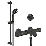 GROHE Start - Dusch- Installationsset (inkl. Brasuestangenset, Brauseschlauch, Wannenthermostat, Handbrause mit 2 Strahlarten + Bademantelhaken), rund, matte black