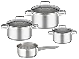 RÖSLE CHARM Topf-Set 4-tlg., hochwertiges Universaltopfset mit 3 Kochtöpfen und 1 Stielkasserolle, Edelstahl 18/10, Glasdeckel, Innenskalierung, induktionsgeeignet, spülmaschinengeeignet