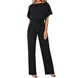 Coloody Damen Lang Jumpsuit Overall Hosenanzug Elegant Romper Kurzarm Rundhals Playsuit mit Gürtel Hosenanzug Breite Weites Bein Overall