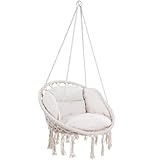 DETEX® Hängesessel Outdoor & Indoor mit Kissen Hängestuhl 150kg Belastbar Boho Stil Wetterfest Schaukelsessel Garten Hängesitz Creme Beige