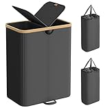 SONGMICS Wäschekorb 2 Fächer, Wäschesammler, 150 Liter, Wäschesortierer mit Deckel, Wäschetonne, Wäschesäcke herausnehmbar, für Waschküche, Schlafzimmer, Wohnzimmer, tintenschwarz-naturbeige LCB523B01