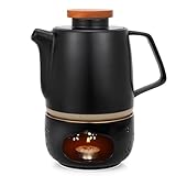 TELANKS Teekanne Keramik mit Siebeinsatz und Stövchen 850ML, Teekanne mit Sieb Herausnehmbar-Schwarz