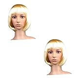 minkissy 2-Teilige Perücke Party-Pony Blond Täglich Cosplay Gold Zum Tragen Mit Frauen Kurz Gerade Holloween Mädchen Rave-Erweiterungen Dutt Haar Bob Golden Halloween Für