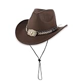 Cowboyhut Damen Herren Westernhut Fedora Hut Breiter Krempe mit Lederband(Braun)
