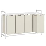 VASAGLE Wäschekorb 4 Fächer, Wäschesammler mit Ablage, Wäschebox, Wäschesack aus Oxford-Gewebe abnehmbar, Metallrahmen, 4 x 40 L, 116 x 33 x 72 cm, cremeweiß-mattweiß BLH401W01