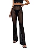 GORGLITTER Damen Transparent Schlaghose Yogahose Elastischer Bund Mesh Lange Hosen Hohe Taille Strandhose Schwarz XS