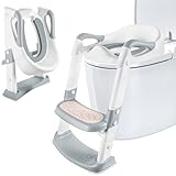 AQXONG Toilettensitz für Kinder,Toilettensitz mit Treppe,Rutschfester Kinder Toilettensitz,Toilettensitz mit PU Kissen,Höhenverstellbar Klappbar,Toilettenadapter für Jungen und Mädchen（Weiß, Grau）