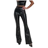 Gefomuofe Kunstlederhose Damen High Waist Schlaghose PU Legging Stretch Lederhose Einfarbig Tanzhosen Flared Lederleggings Festival Outfit Freizeithose