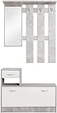 Vera Garderobe mit Spiegel weiß matt - Kompaktgarderobe Korpus Beton Optik - 100 x 190 x 26 cm (B/H/T)