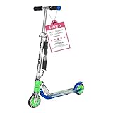 HUDORA BigWheel 125 Scooter I Sicherer & hochwertiger Aluminium-Roller für Kinder I Höhenverstellbarer & zusammenklappbarer Cityroller für bis zu 100kg I Stabiler Tretroller mit Tragegurt - blau/grün