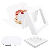 LUOJINYI Tortenbox Set, 25.5x25.5x20.5cm Kuchenbox mit Sichtfenster, 4 Stück Tortenkarton mit Tortenplatte, Tortenverpackung hoch aus Kartonage, Tortentransportbox, Kuchenkarton für Torten, Gebäck