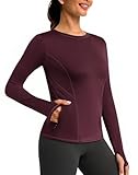 PINSPARK Sportshirt Damen Langarmshirt Rundhals Laufshirt Fleece Thermo Funktionsshirt Winter Yoga Tops Fitness Oberteile mit Daumenlöche Rot S