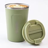 SUNTQ Kaffeebecher to go aus Edelstahl - Thermobecher Doppelwand Isoliert - Kaffeetasse mit Auslaufsicherem Deckel Wiederverwendbar (Sage, 380ml)