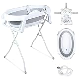 Peviasot Baby Badewanne mit Gestell faltbare Babywanne Baby Wanne platzsparend, rutschfester Ständer, Badeauflage, Ablaufschlauch, temperaturreaktiver Wasserstopfen, stabile faltbare Badewanne Grau