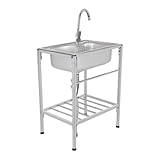 AOOUNGM Freistehende Edelstahl Spültisch, Freistehende Küchenspüle, Spülenschrank mit 360° Wasserhahn, Mobile Spültisch 60kg Tragkraft, Einbecken-Edelstahlspüle für Restaurant, Haushaltsküche