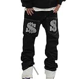 Herren Hip Hop Jeanshose Schwarz Hipster Style Baggy Jeans Herren Jeans Baggy Hosen Herren Y2K Baggy Jeans Teenager Jungen Bein Jeans (Color : Black, Size : M)