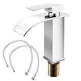 Wasserhahn Bad Edelstahl Mischbatterie, Wasserfall Einhebel Waschtischarmatur mit 60cm Anschlussschlauch, Chrom Badarmatur Einhandmischer Waschbecken Armatur für Badezimmer