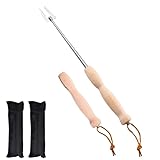 Grillgabel Ausziehbar, 2er Set Teleskop-Grillgabel inkl. Tasche, Lang Lagerfeuer Schaschlikspieße Fleischgabel mit Edelstahl Holzgriff für Grillen, Lagerfeuer, Camping, Marshmallow und Würstchen