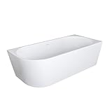 Aloni Halbfreistehende Eckbadewanne 180 x 80 cm rechts, Acryl Badewanne mit Mittelablauf, Vorwandbadewanne, Raumsparbadewanne für Eckmontage, freistehende Wanne modern, Weiß