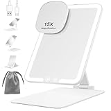 FANCYSEEU Wiederaufladbar 1500mAh Kosmetikspiegel mit Beleuchtetung, 15X Mini Vergrößerungspiegel mit 3 Farben Dimmbarer Faltbar Schminkspiegel, Ultraschlank Tragbarer Reisespiegel (Weiß)